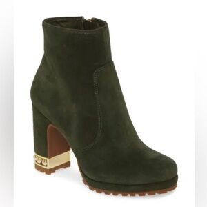 Karl Lagerfeld Lenore Green Suede Ankle Boots with Gold Embellishment